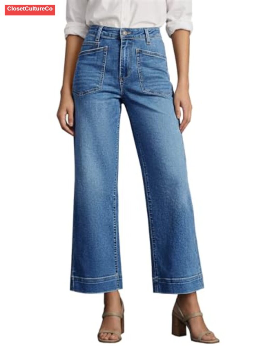High Waisted Cropped Wide Leg Jeans Frayed Distressed Denim Ankle Pants